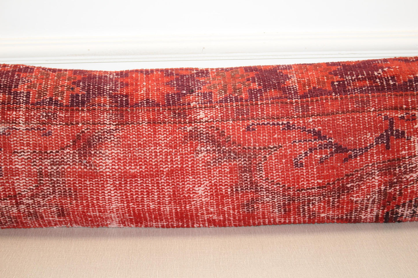 Lumbar Pillow Cover – Distressed Red & Maroon Kilim Long Cushion, Boho Decorative Sofa Pillow