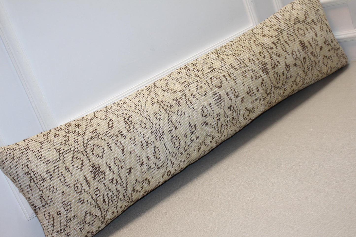 Rug Lumbar Pillow Cover – Beige & Brown Distressed Kilim Pattern Long Cushion, Neutral Boho Home Decor