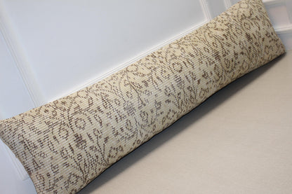 Rug Lumbar Pillow Cover – Beige & Brown Distressed Kilim Pattern Long Cushion, Neutral Boho Home Decor