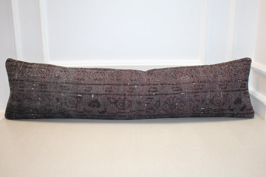 Vintage Turkish Rug Lumbar Pillow Cover – Charcoal Gray Distressed Kilim Long Cushion, Modern Boho Decorative Pillow