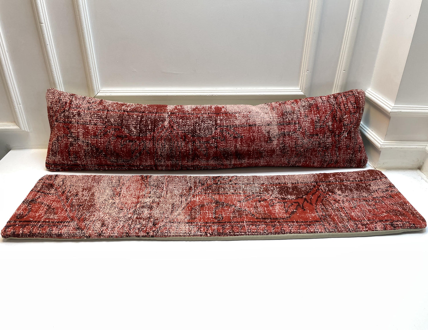 Set of 2-Vintage Turkish Rug Pillow  – Distressed Red Kilim Lumbar Cushion Pair