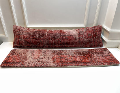 Set of 2-Vintage Turkish Rug Pillow  – Distressed Red Kilim Lumbar Cushion Pair
