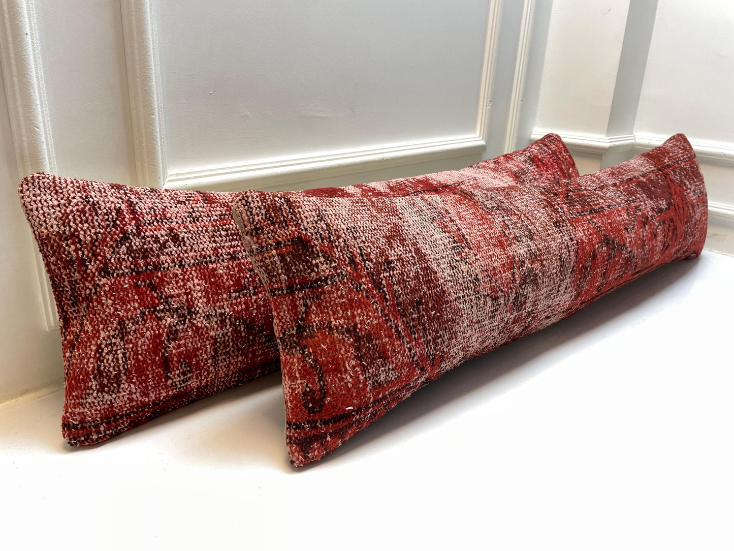 Set of 2-Vintage Turkish Rug Pillow  – Distressed Red Kilim Lumbar Cushion Pair