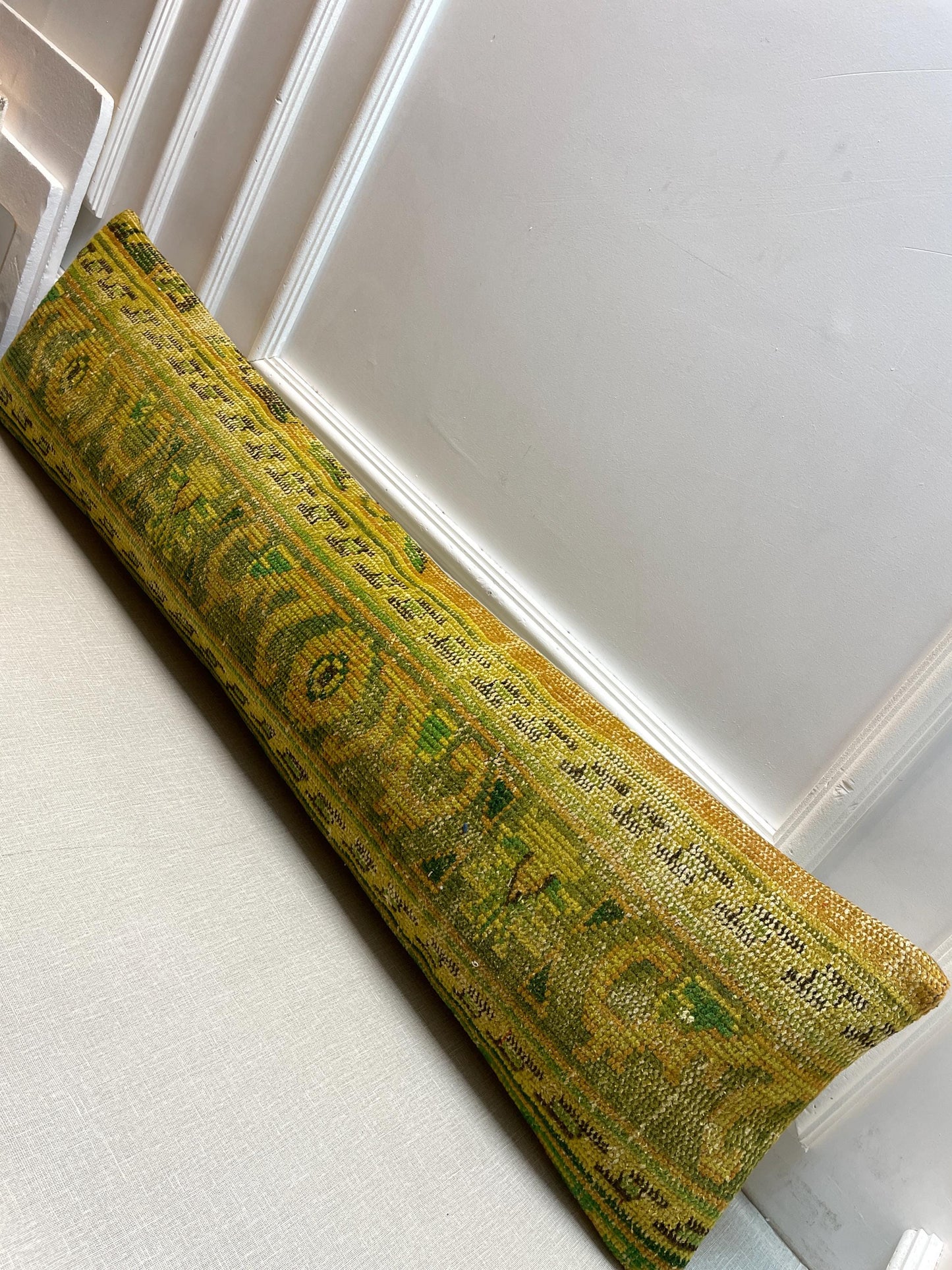 Vintage Turkish Rug Bench Pillow, Handwoven Kilim Cushion, Boho Lumbar Pillow (12x48 inch)