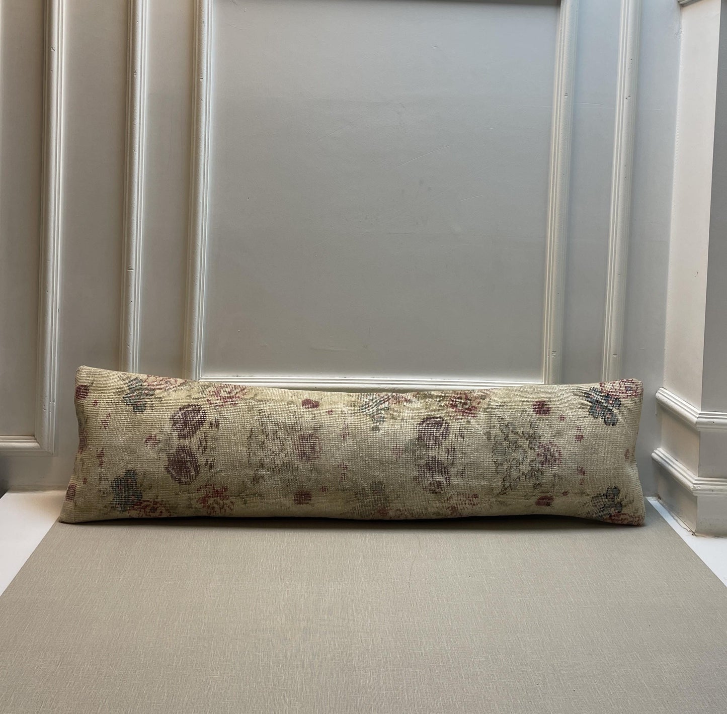 Vintage Turkish Rug Bench Pillow, Handwoven Kilim Cushion, Floral Boho Lumbar Pillow (12x48 in)