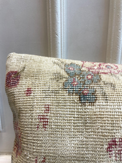 Vintage Turkish Rug Bench Pillow, Handwoven Kilim Cushion, Floral Boho Lumbar Pillow (12x48 in)