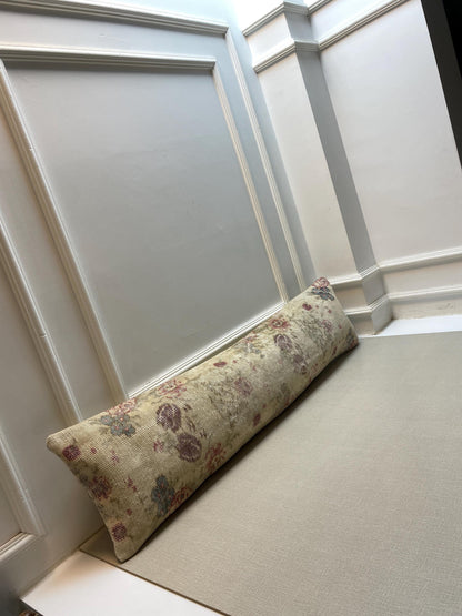 Vintage Turkish Rug Bench Pillow, Handwoven Kilim Cushion, Floral Boho Lumbar Pillow (12x48 in)