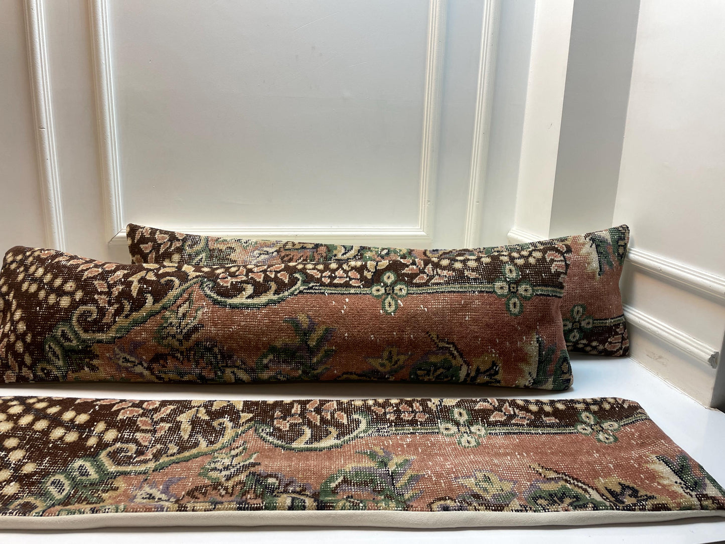 Vintage Turkish Kilim Lumbar Pillow Cover Set – Boho Brown Green, (12x48)