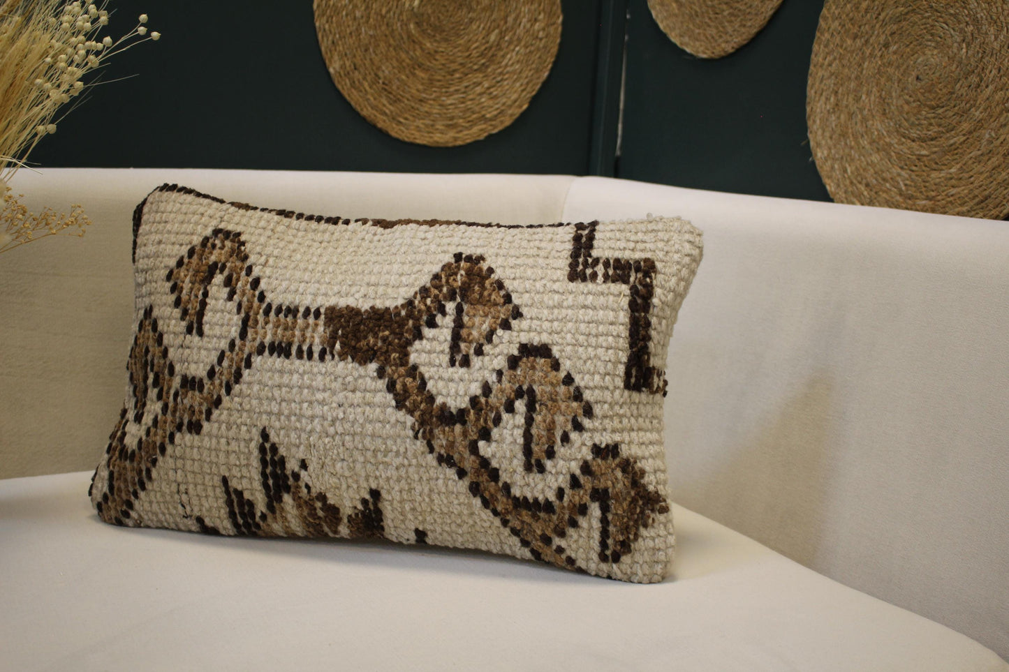 Vintage Turkish Kilim Lumbar Pillow 12x20 - Cream Brown Handwoven Cushion with Geometric Pattern