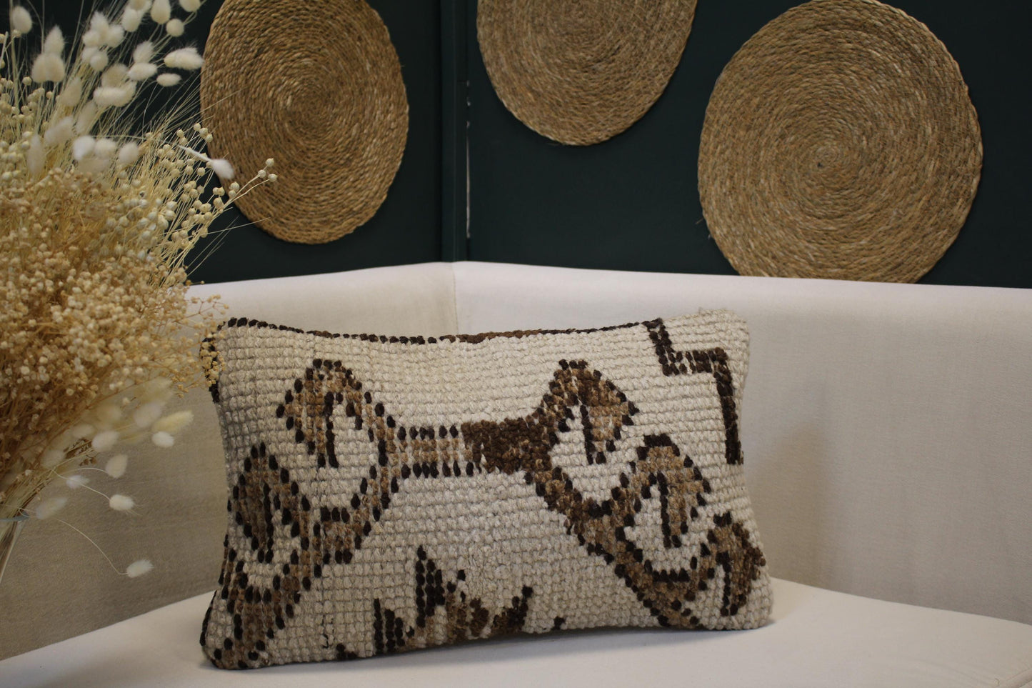 Vintage Turkish Kilim Lumbar Pillow 12x20 - Cream Brown Handwoven Cushion with Geometric Pattern