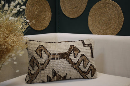 Vintage Turkish Kilim Lumbar Pillow 12x20 - Cream Brown Handwoven Cushion with Geometric Pattern