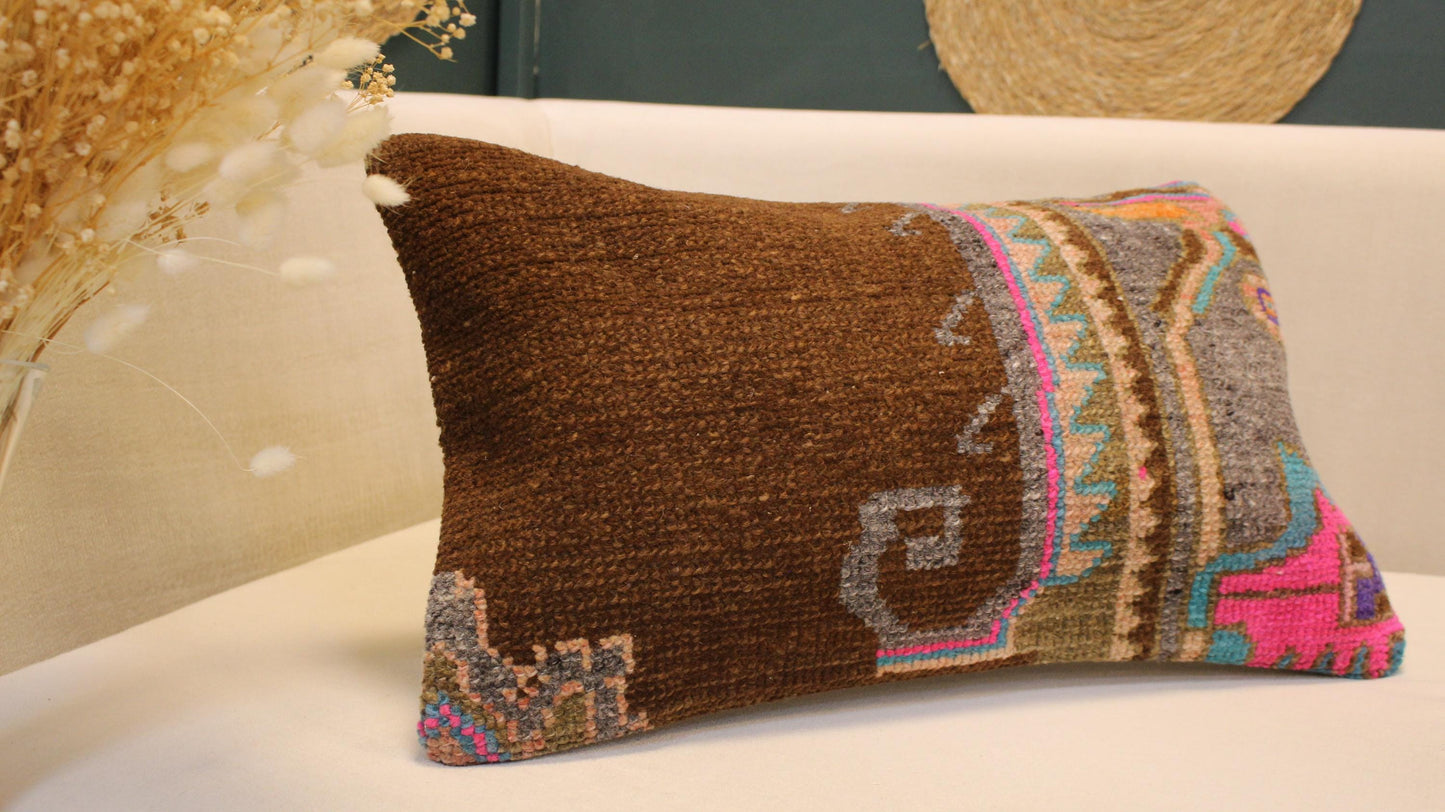 Turkish Kilim Lumbar Pillow 12x20 - Brown Gray Pink Blue Handwoven Cushion