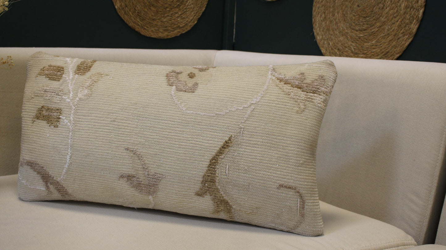 Vintage Turkish Kilim Lumbar Pillow 12x24 - Cream Beige Floral Handwoven Cushion