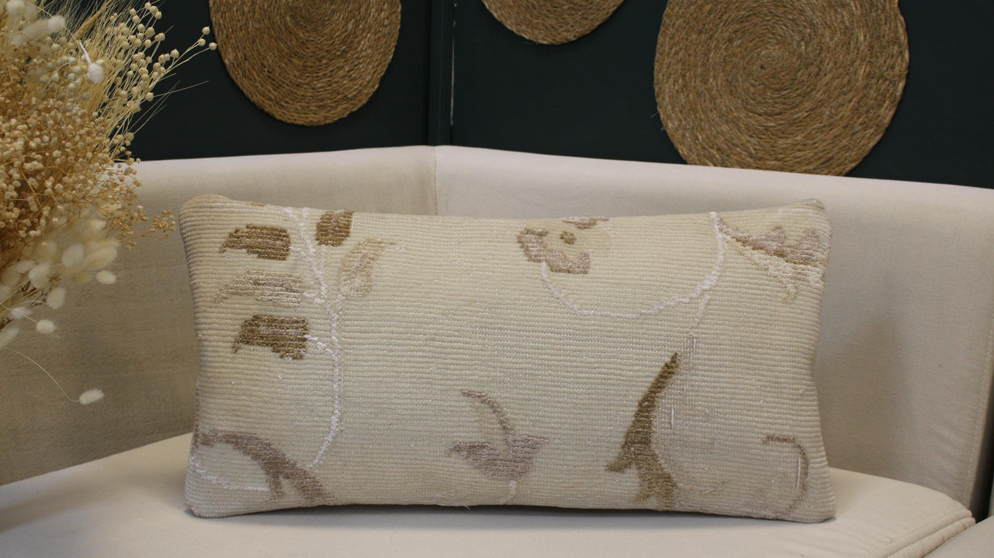 Vintage Turkish Kilim Lumbar Pillow 12x24 - Cream Beige Floral Handwoven Cushion