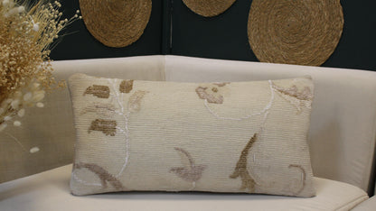 Vintage Turkish Kilim Lumbar Pillow 12x24 - Cream Beige Floral Handwoven Cushion