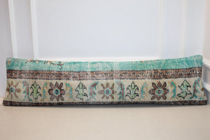 Vintage Turkish Kilim Long Lumbar Pillow  - Turquoise Brown Beige Handwoven Cushion(12x48 inch)