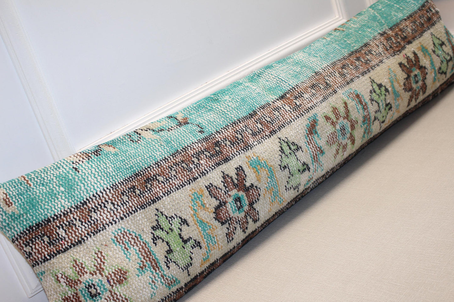 Vintage Turkish Kilim Long Lumbar Pillow  - Turquoise Brown Beige Handwoven Cushion(12x48 inch)