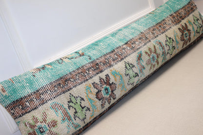Vintage Turkish Kilim Long Lumbar Pillow  - Turquoise Brown Beige Handwoven Cushion(12x48 inch)