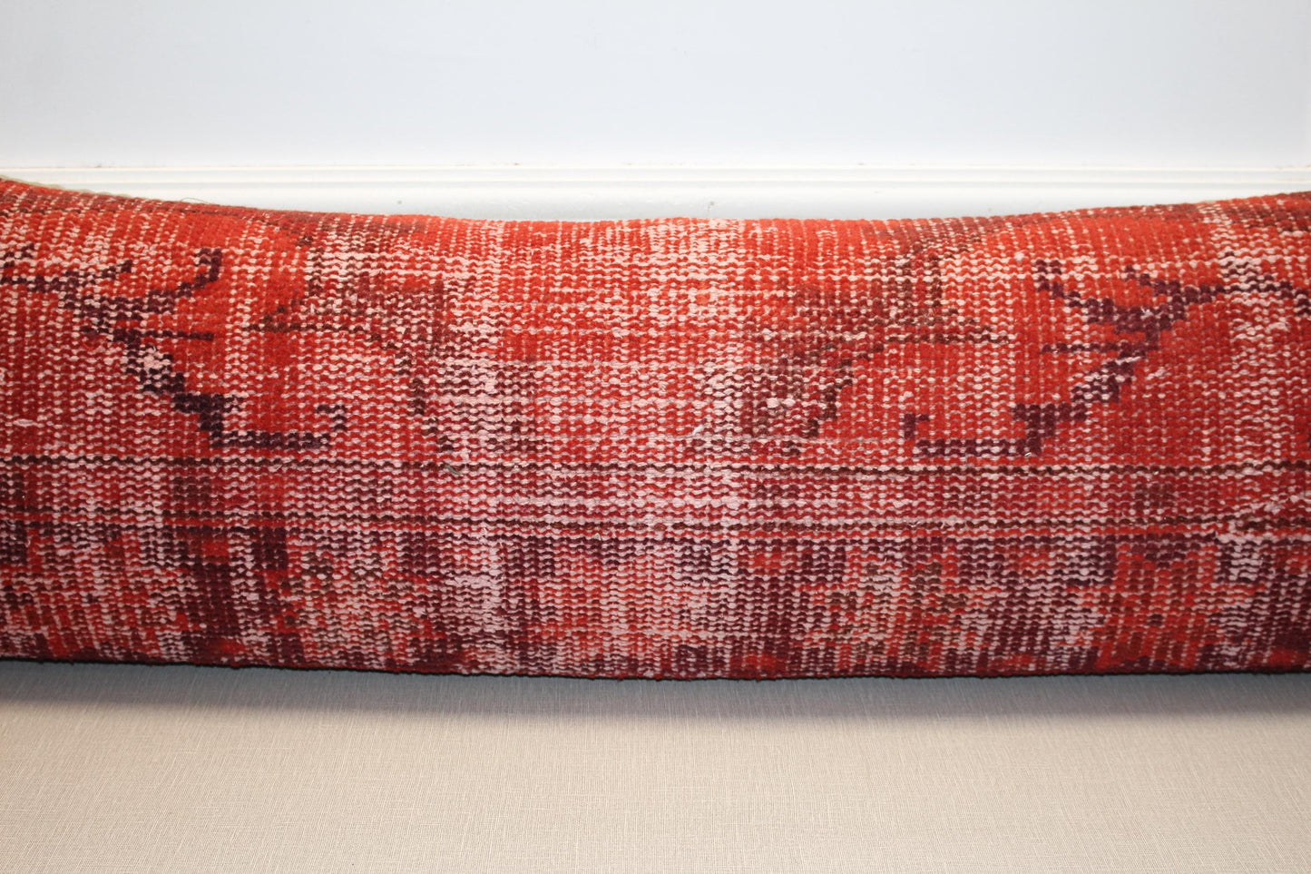 Vintage Turkish Kilim Long Lumbar Pillow  - Red Burgundy Handwoven Cushion(12x48 inch)