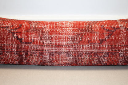 Vintage Turkish Kilim Long Lumbar Pillow  - Red Burgundy Handwoven Cushion(12x48 inch)