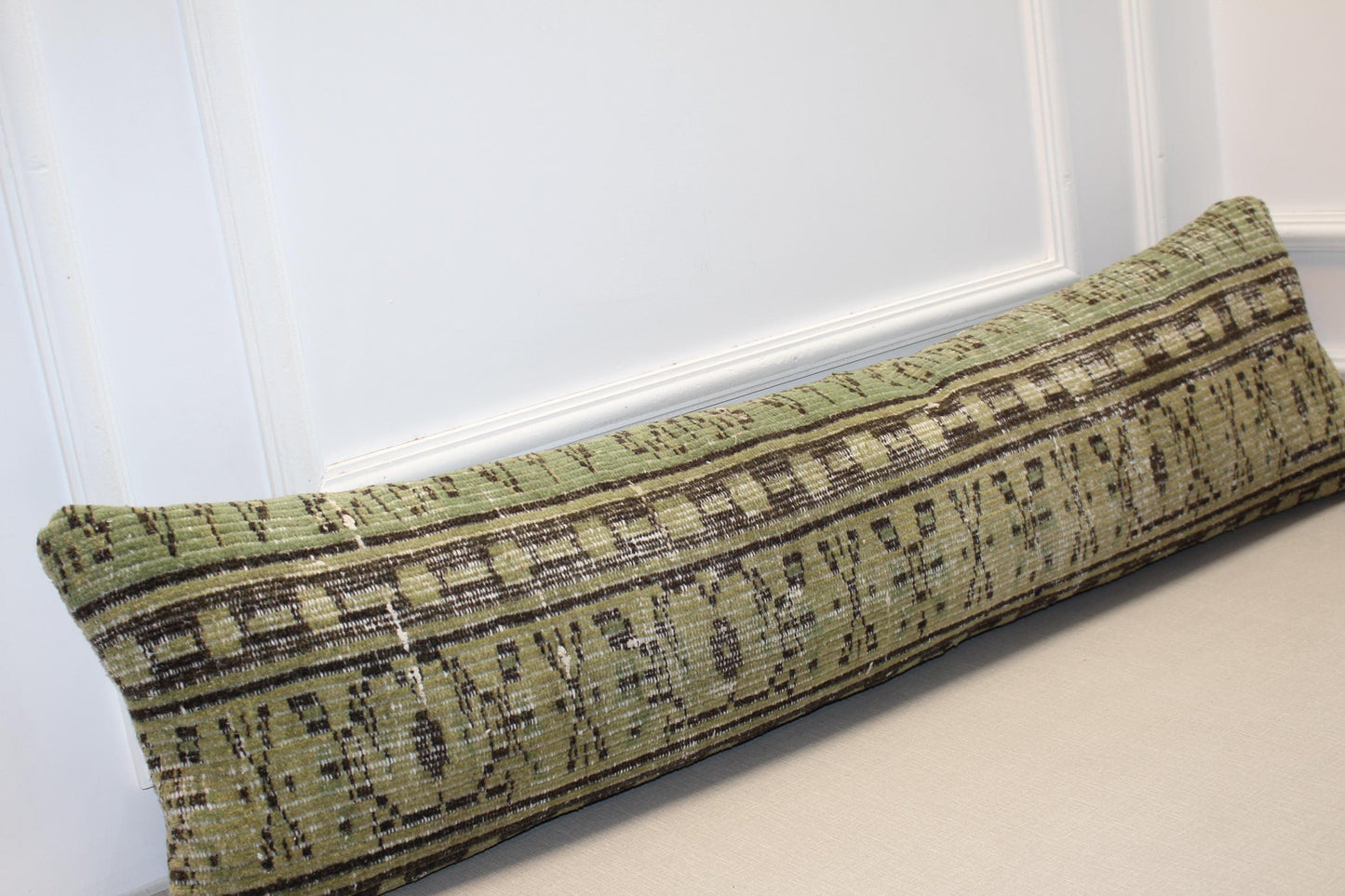 Vintage Turkish Kilim Long Lumbar Pillow - Green Brown Handwoven Cushion(12x48 inch)