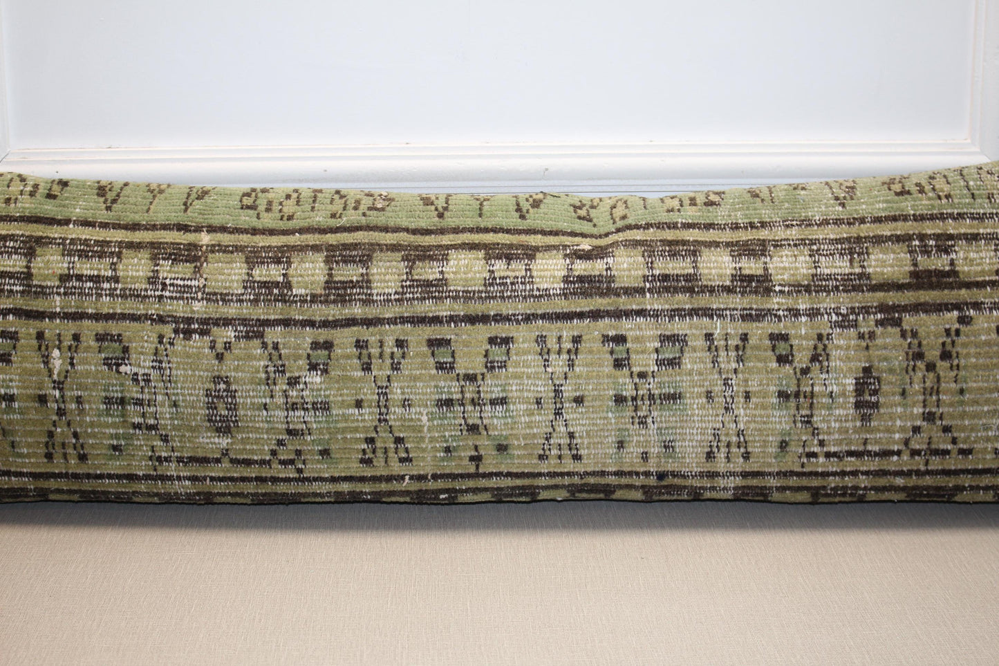 Vintage Turkish Kilim Long Lumbar Pillow - Green Brown Handwoven Cushion(12x48 inch)