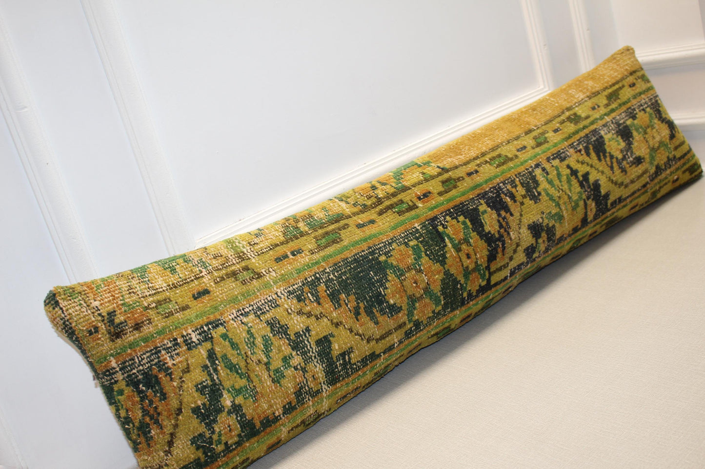 Vintage Turkish Kilim Long Lumbar Pillow - Green Yellow Handwoven Cushion, Boho Rustic (12x48 inch)