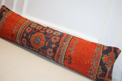 Vintage Turkish Kilim Long Lumbar Pillow - Red Navy Handwoven Cushion, Boho Tribal(12x48 inch)
