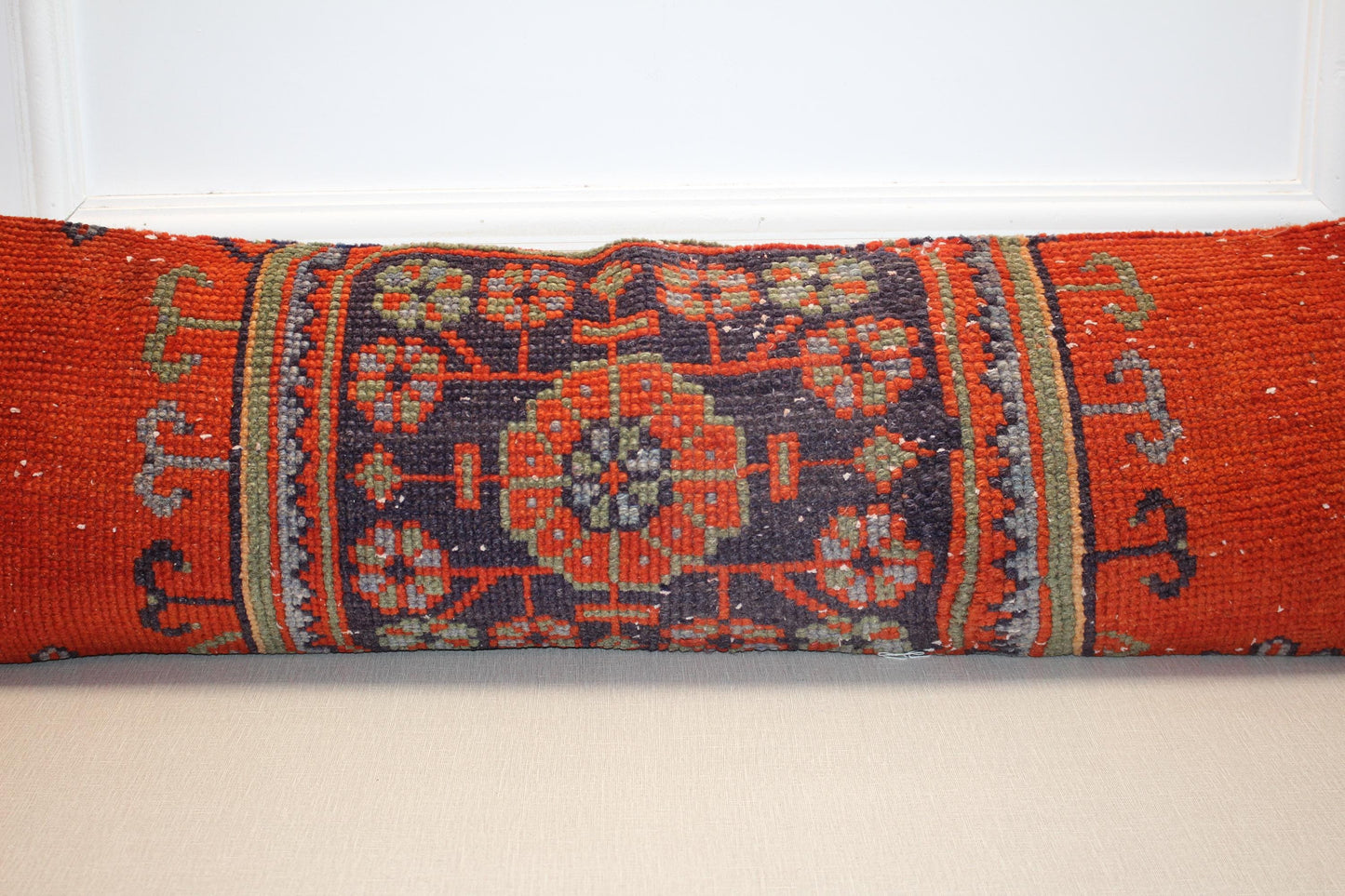 Vintage Turkish Kilim Long Lumbar Pillow - Red Navy Handwoven Cushion, Boho Tribal(12x48 inch)