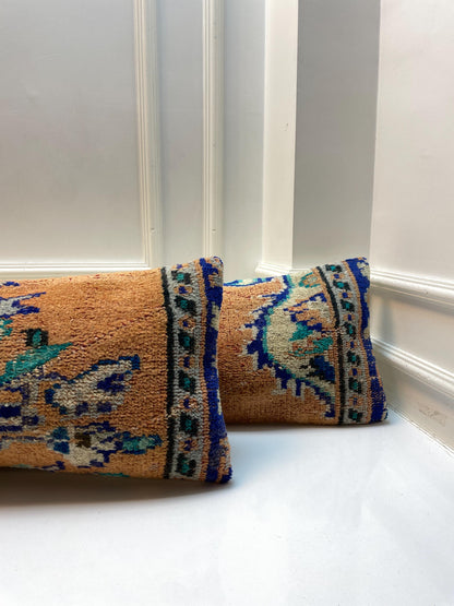 Vintage Turkish Kilim Lumbar Pillow Cover – 12x48 Wool Rug Cushion
