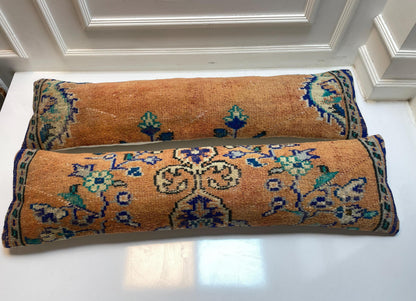 Vintage Turkish Kilim Lumbar Pillow Cover – 12x48 Wool Rug Cushion