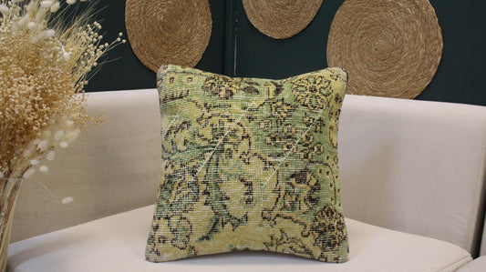Vintage Turkish Kilim Pillow Cover | Green Anatolian Cushion | Handwoven Tribal Home Decorr