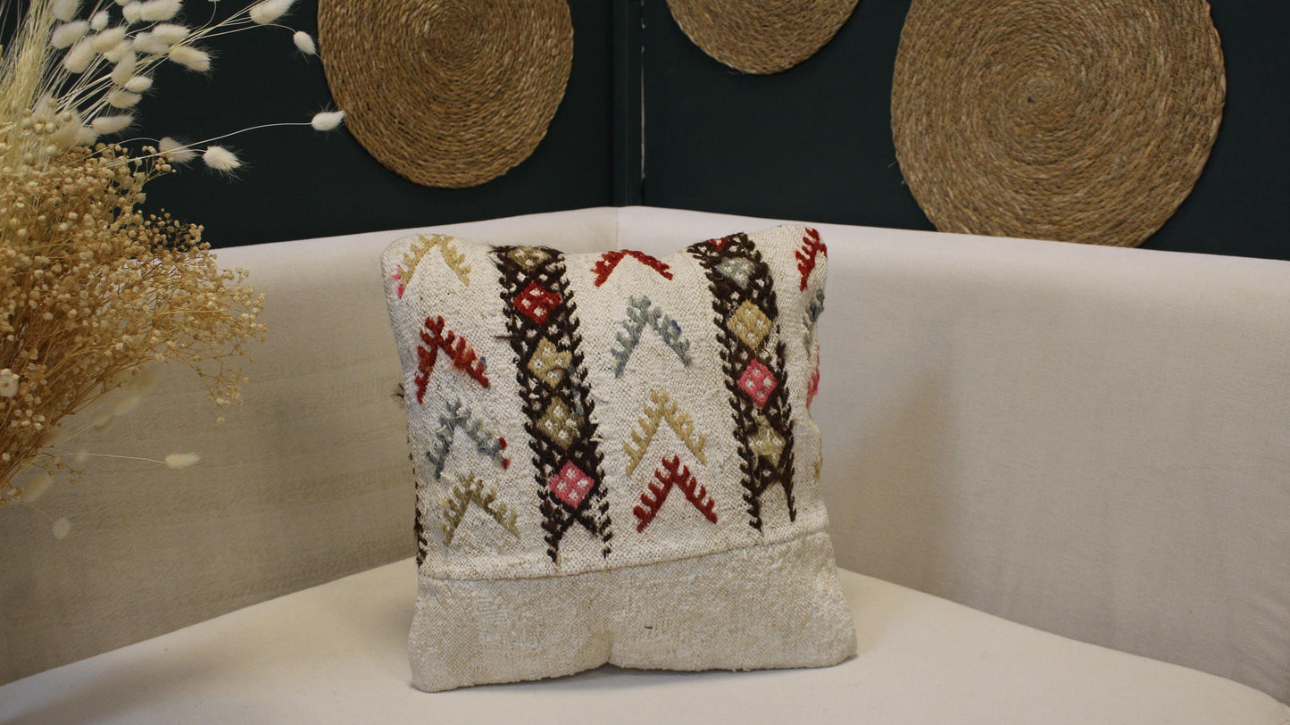 Vintage Turkish Kilim Pillow Cover Cream Anatolian Cushion Handwoven Boho Tribal