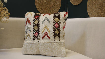 Vintage Turkish Kilim Pillow Cover Cream Anatolian Cushion Handwoven Boho Tribal