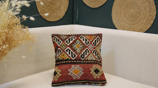 Vintage Turkish Kilim Pillow Cover | Red Anatolian Tribal Cushion | Handwoven Boho Decor(12x12 Inc)