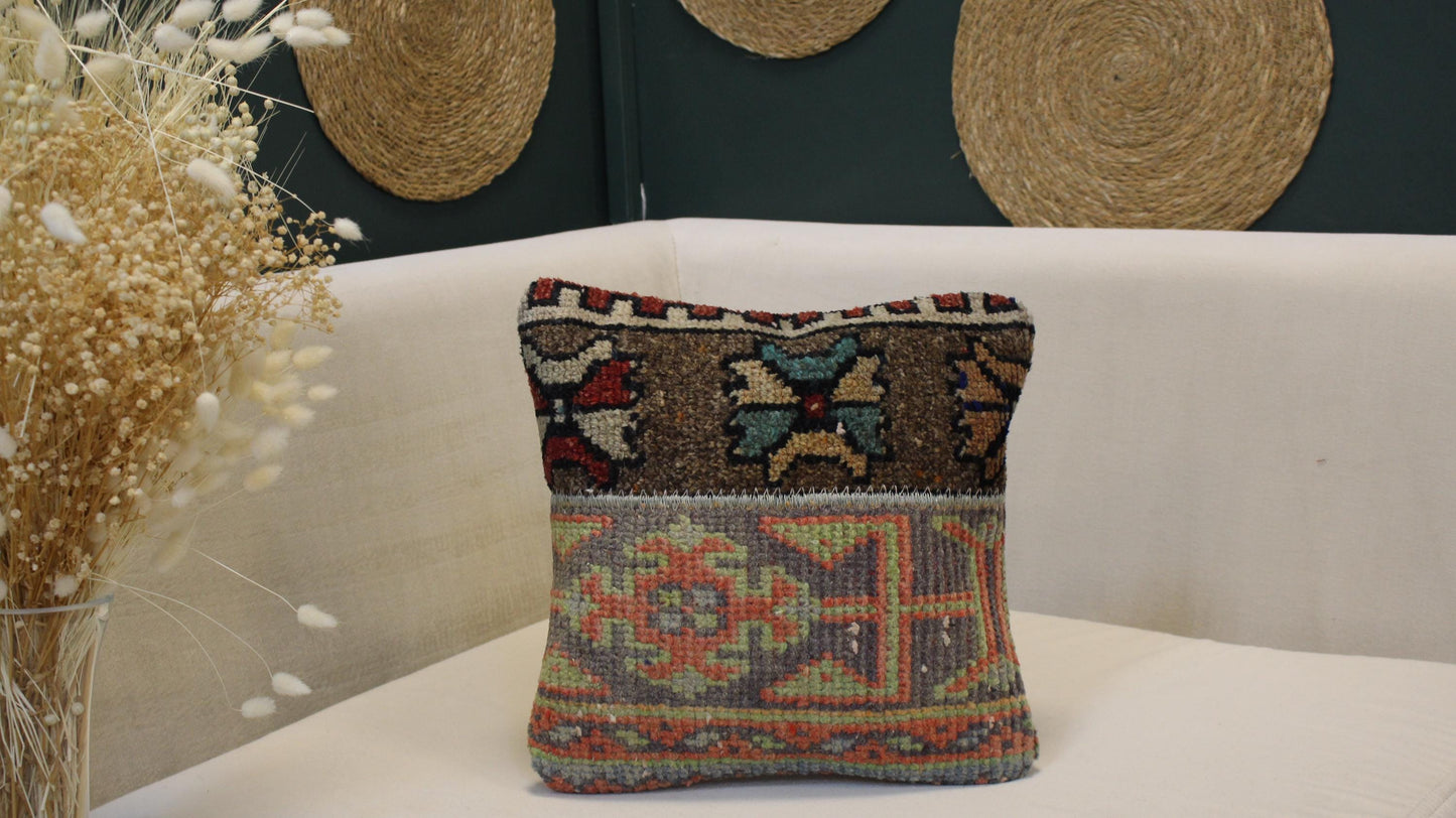 Vintage Turkish Kilim Pillow Cover Brown&Grey Anatolian Cushion Handwoven Tribal Boho (12x12 Inc)