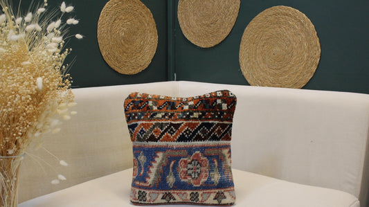 Vintage Turkish Kilim Pillow Cover | Blue & Brown Anatolian Cushion | Handwoven Tribal Decor(12x12 Inc)