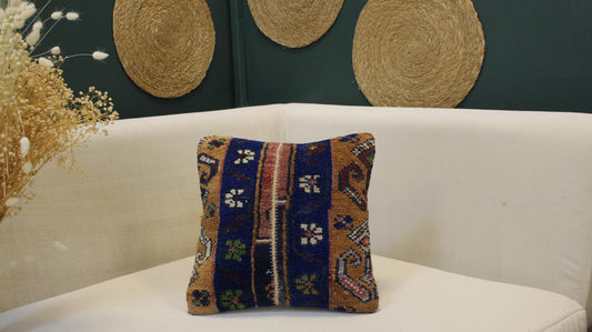 Vintage Turkish Kilim Pillow Cover Blue & Camel Anatolian CushionHandwoven Tribal Boho Decor(12x12 Inc)
