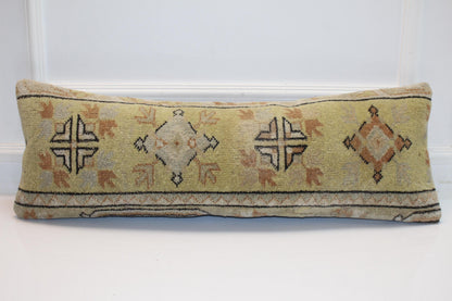 Vintage Kilim Lumbar Pillow Cover: Turkish Woven Rug, Soft Green Geometric Cushion