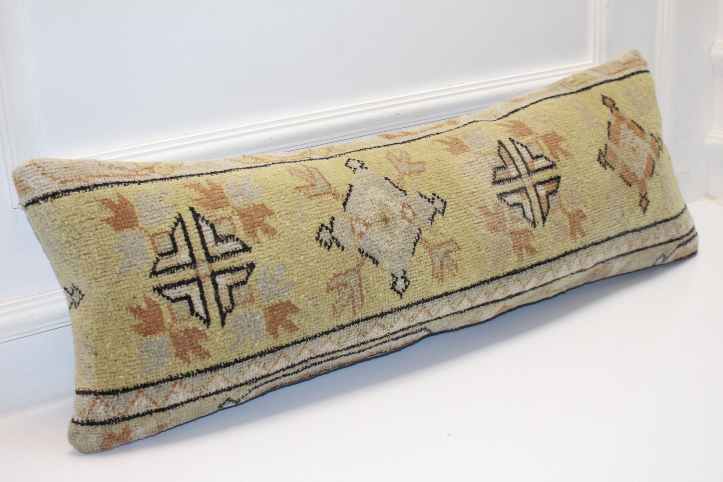 Vintage Kilim Lumbar Pillow Cover: Turkish Woven Rug, Soft Green Geometric Cushion