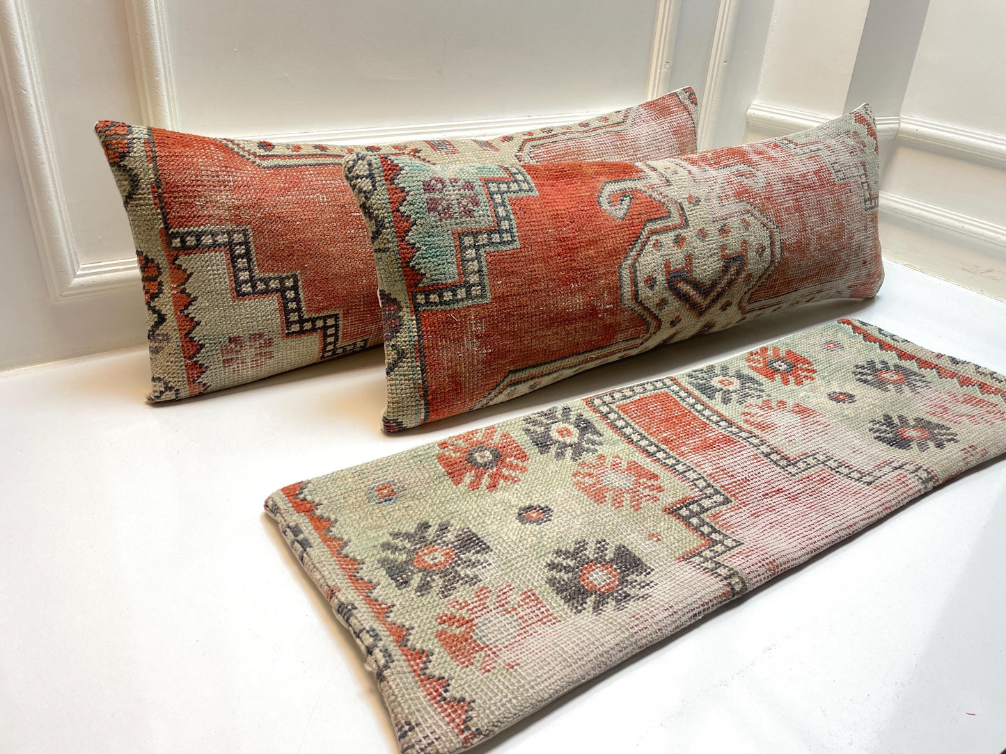 Vintage Turkish Kilim Lumbar Pillow Set: Upcycled Anatolian Rug Cushions (12x36)
