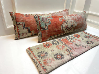 Vintage Turkish Kilim Lumbar Pillow Set: Upcycled Anatolian Rug Cushions (12x36)