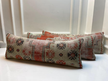 Vintage Turkish Kilim Lumbar Pillow Set: Upcycled Anatolian Rug Cushions (12x36)