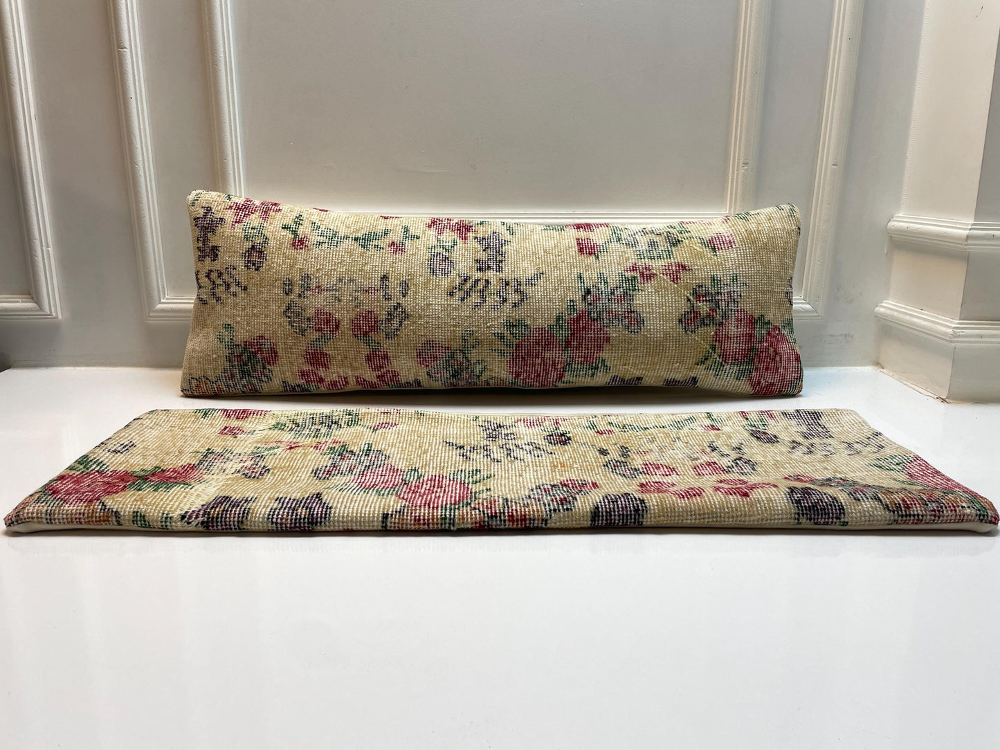 Vintage Floral Turkish Rug Lumbar Pillow Set: Upcycled Kilim Cushions (12x36)