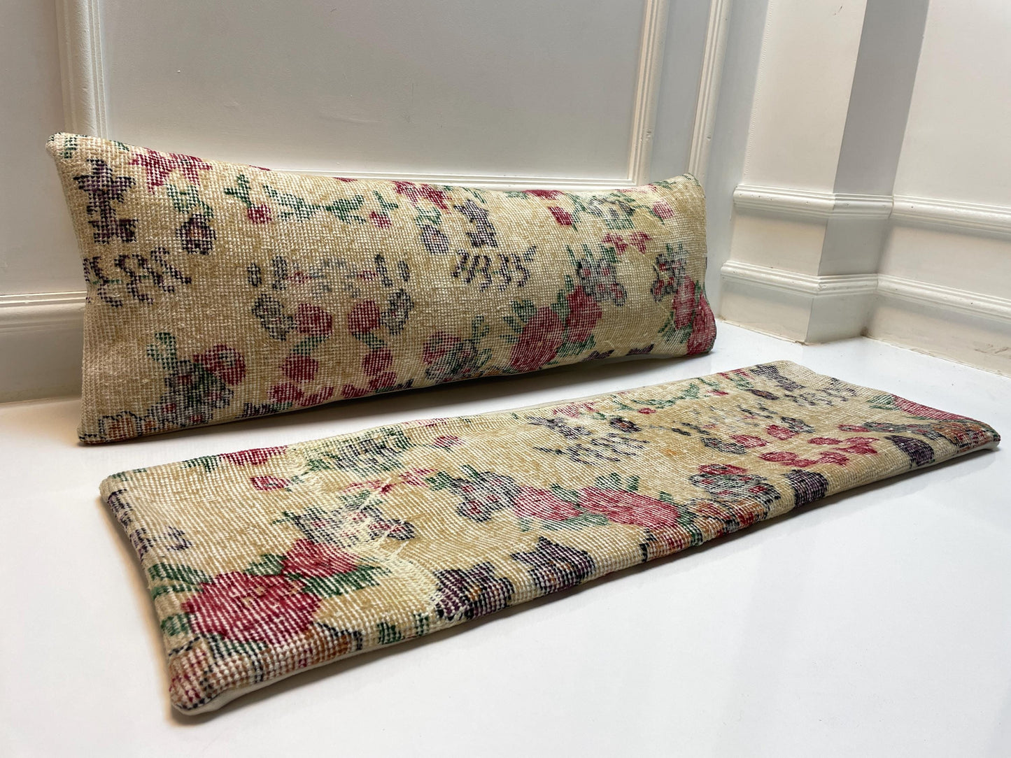 Vintage Floral Turkish Rug Lumbar Pillow Set: Upcycled Kilim Cushions (12x36)