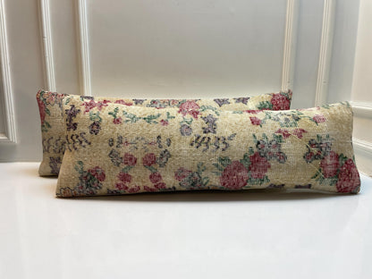 Vintage Floral Turkish Rug Lumbar Pillow Set: Upcycled Kilim Cushions (12x36)