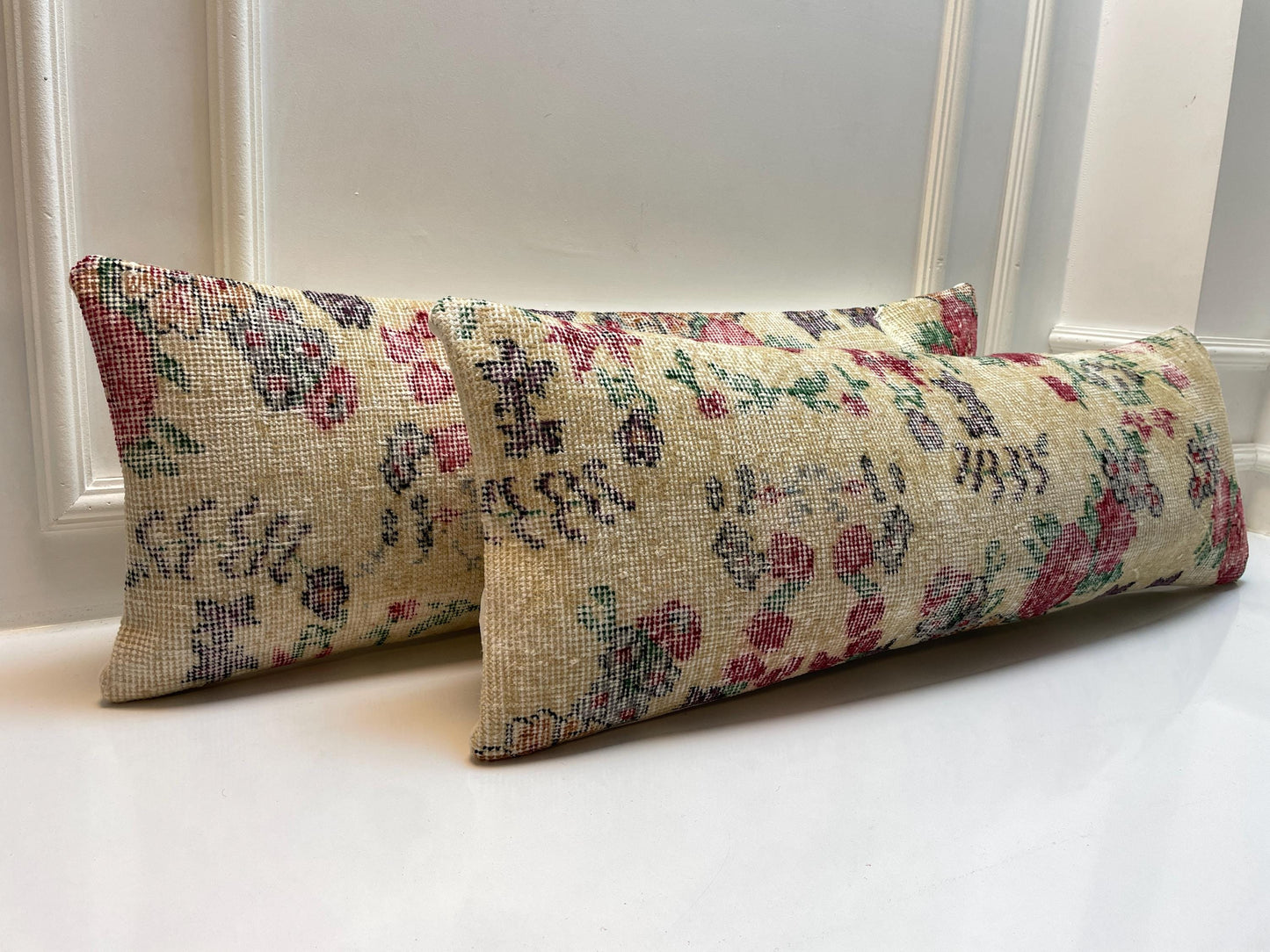 Vintage Floral Turkish Rug Lumbar Pillow Set: Upcycled Kilim Cushions (12x36)