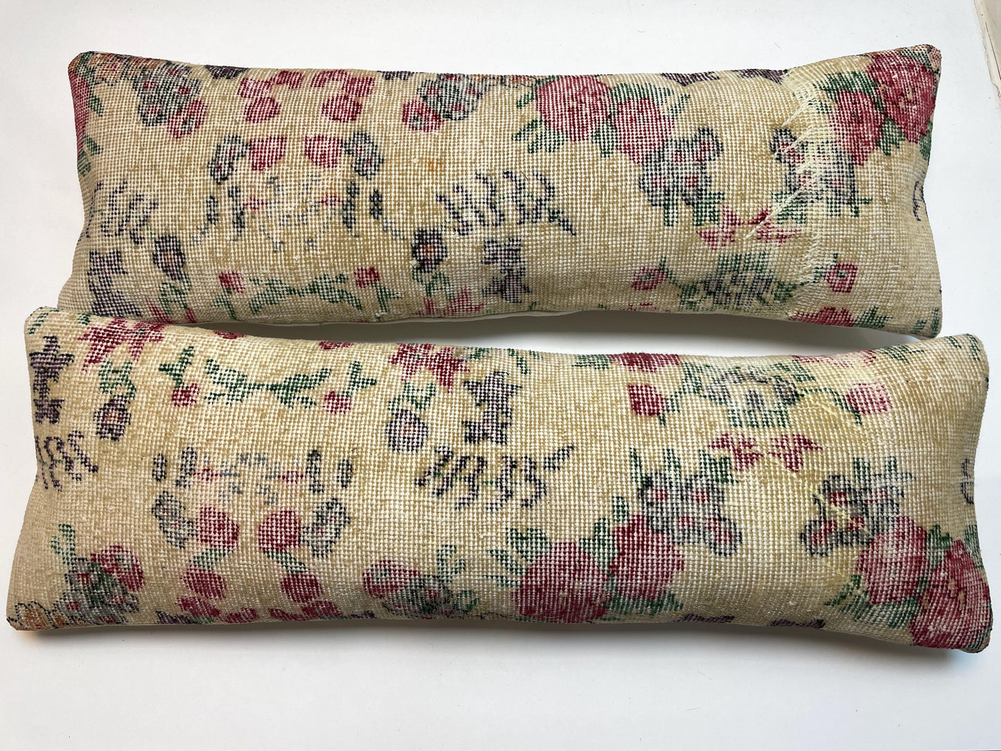 Vintage Floral Turkish Rug Lumbar Pillow Set: Upcycled Kilim Cushions (12x36)