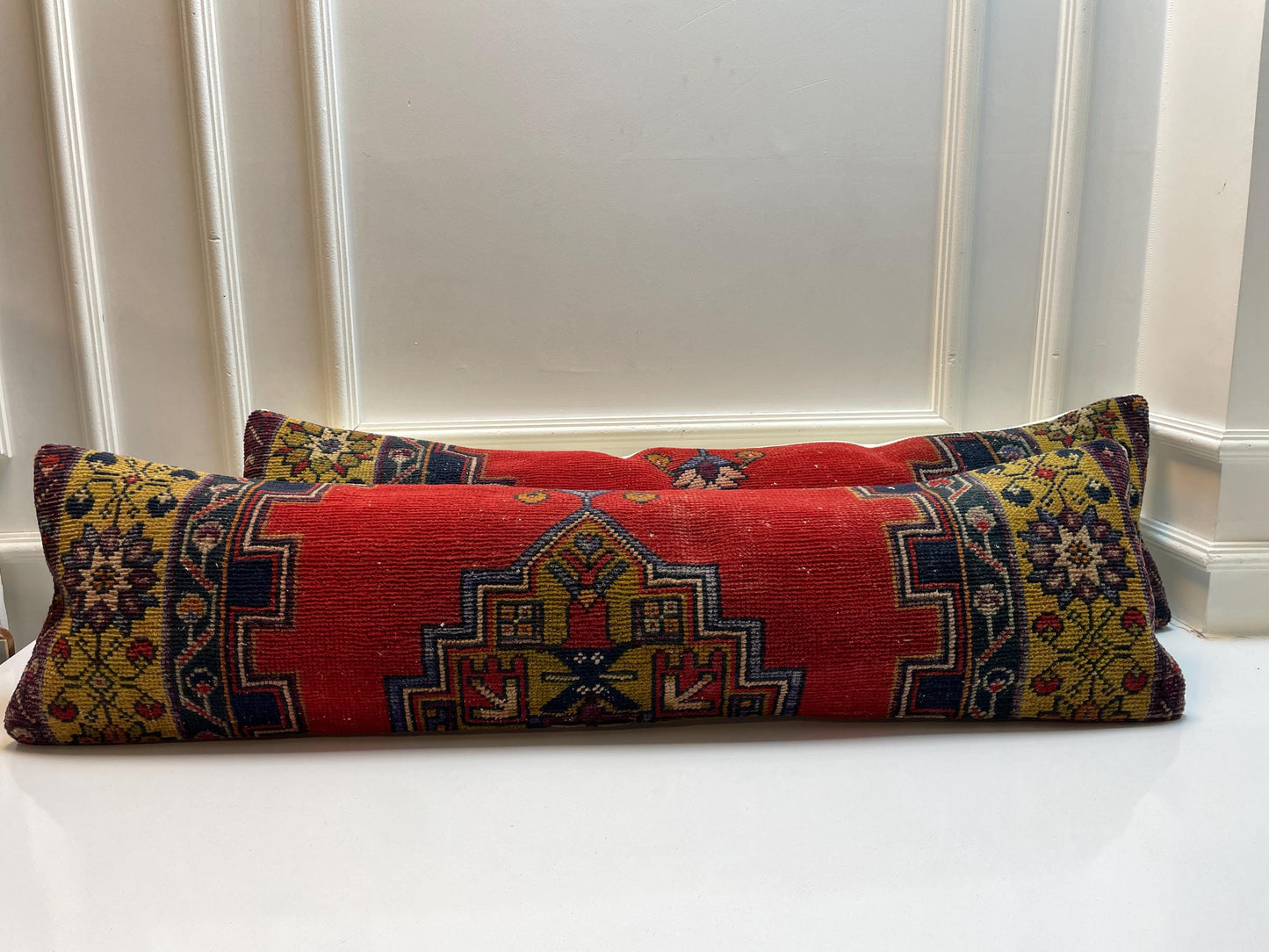 Set of 2 -Vintage Turkish Rug Lumbar Pillow Set: Handmade Kilim Cushions 12x48 Inch