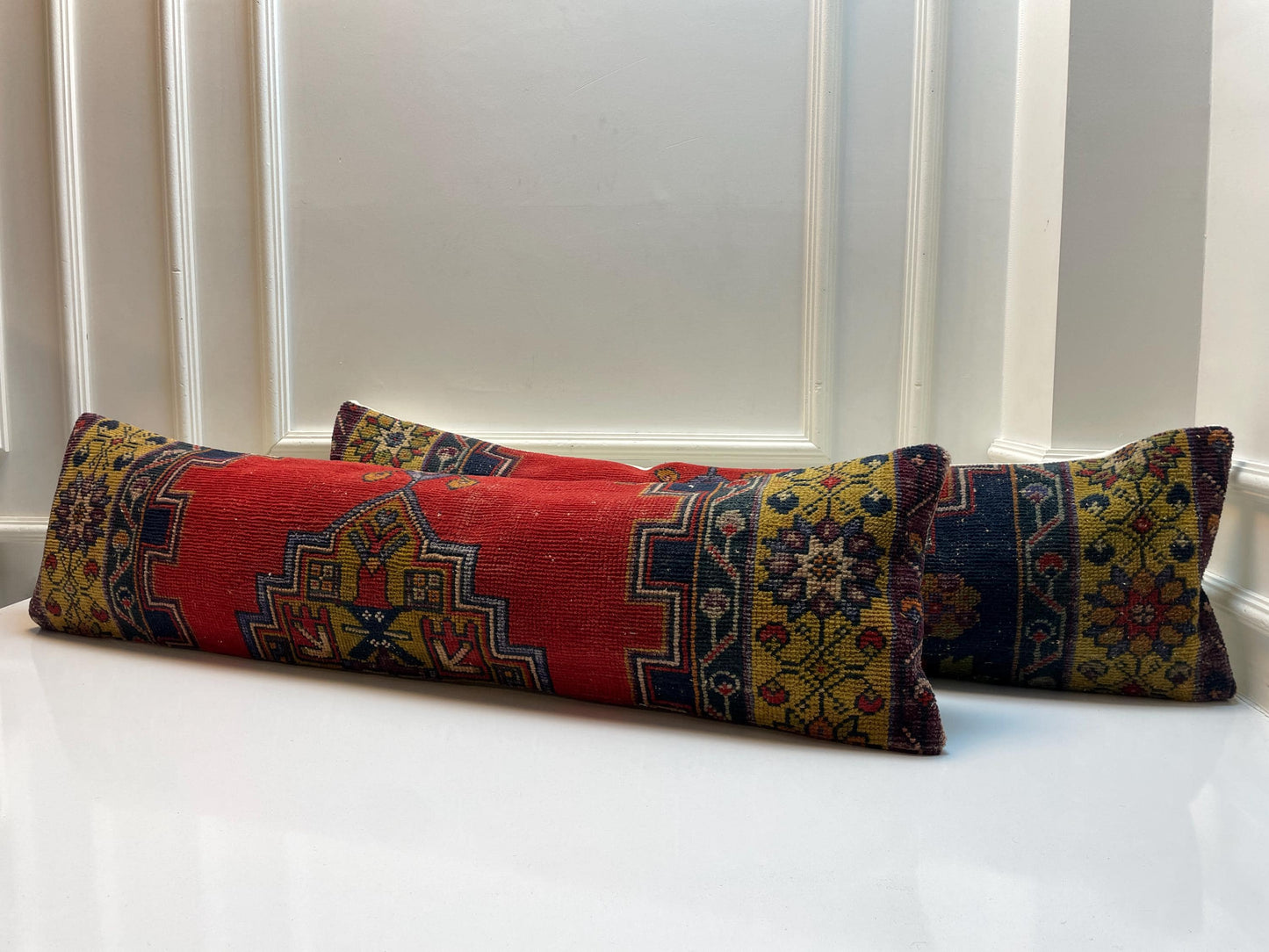 Set of 2 -Vintage Turkish Rug Lumbar Pillow Set: Handmade Kilim Cushions 12x48 Inch